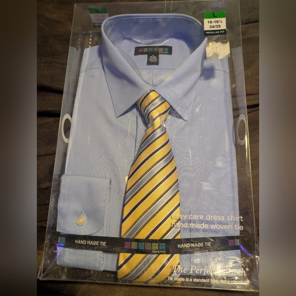 Classic LG Light Blue Men's Dress Shirt 16-16.5"  & Yellow Striped Tie